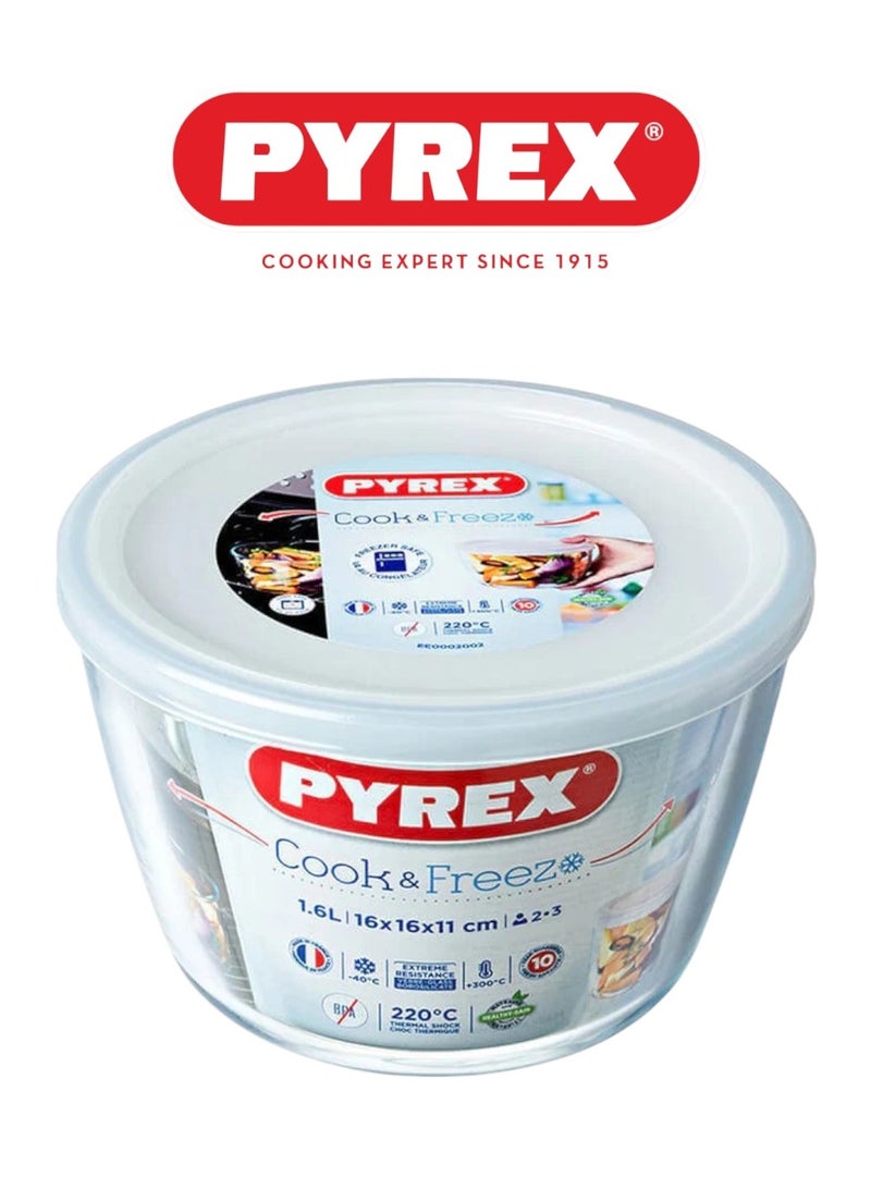 PYREX Cook & Freeze Round Dish with Plastic Lid 1.6L – Multi-Functional Glass Bakeware for Healthy Meal Prep & Storage 1.6Liters - Image 1