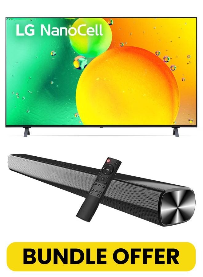 إل جي 65-Inch NANO75 4K UHD Smart TV with α5 Gen5 AI Processor & Active HDR + 2.0 Channel Bluetooth Soundbar – Home Theater Combo for Stunning Picture & Powerful Sound 65NANO75SQA+Soundbar Black - Image 1