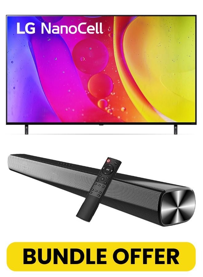 إل جي 65-Inch NANO80 Series 4K UHD Smart TV with AI Processor 4K & HDR10 Pro + 2-Channel Bluetooth Soundbar with HDMI ARC, USB, 30W Output – Immersive TV & Audio Combo for Home Entertainment 65NANO80SQA+Soundbar Black - Image 1