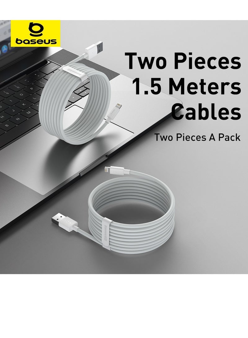 Baseus iPhone Cable 2-Pack USB-A to Lightning 2.4A Fast Charging and Data Sync Cables 1.5m Length | Durable Tangle-Free Design with Smart Chip Protection | Compatible with iPhone 14, 14 Pro, 14 Pro Max, 13, 13 Pro, 13 Mini, 12, 12 Mini, 11, XS, XR, X, 8, 7, iPad, iPod | Dual Cable Set with Velcro Strap for Home, Office, Travel Use – White 2 Pack Lightning Cable- White - Image 2