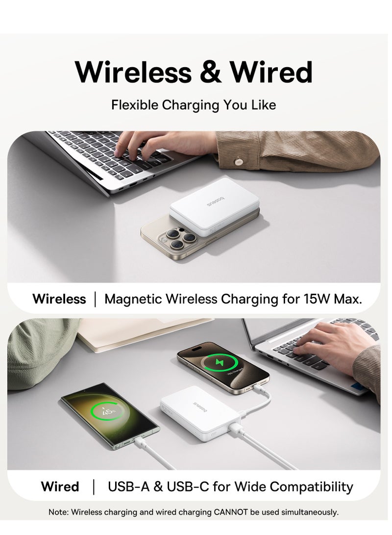 بيسوس 10000 mAh MagSafe Power Bank 10000mAh – Qi2 Certified Magnetic Wireless Power Bank with 15W Fast Charging, 22.5W USB-A & 20W USB-C PD Output, Compact Battery Pack for iPhone 12/13/14/15/16 Series, Samsung & More, Mobile Phone Charger, 2024 Version, Airline Approved (White) 10000mAh Airpow2 Qi2- White - Image 3