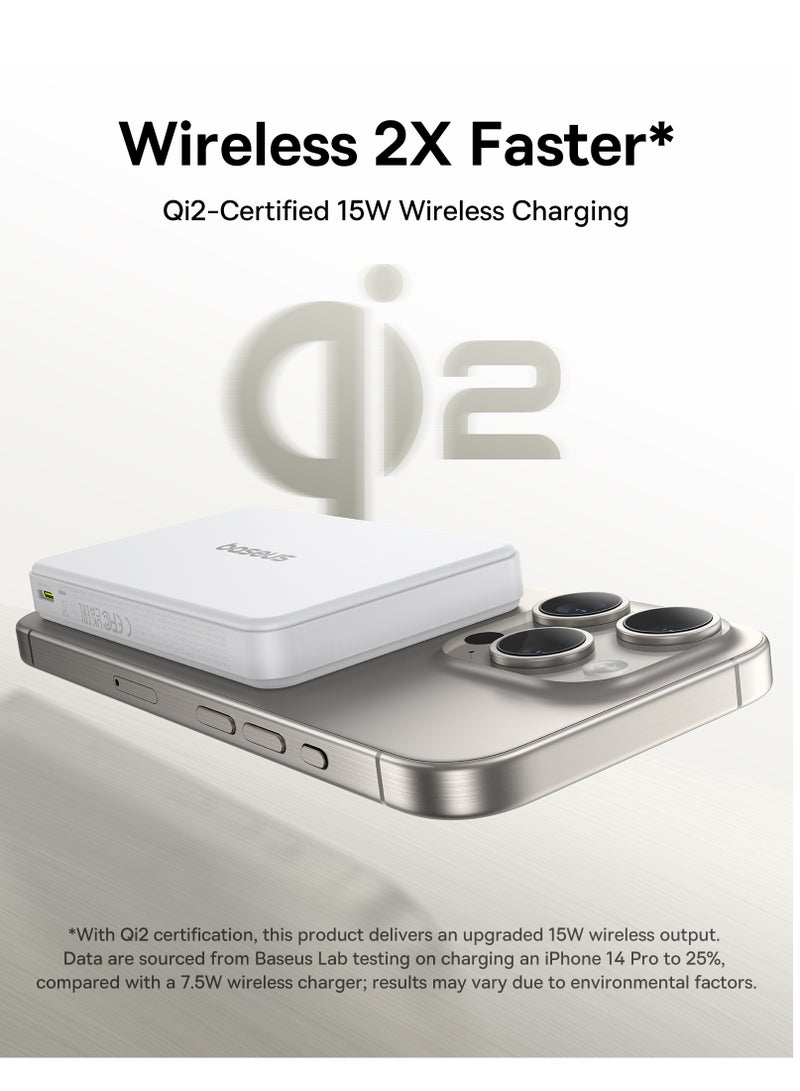 بيسوس 10000 mAh MagSafe Power Bank 10000mAh – Qi2 Certified Magnetic Wireless Power Bank with 15W Fast Charging, 22.5W USB-A & 20W USB-C PD Output, Compact Battery Pack for iPhone 12/13/14/15/16 Series, Samsung & More, Mobile Phone Charger, 2024 Version, Airline Approved (White) 10000mAh Airpow2 Qi2- White - Image 2