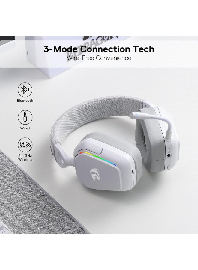REDRAGON Mira H868W 3-Mode Wireless RGB Gaming Headset, 7.1 Surround Sound, 40 mm Driver, Leather Foam Ear Pads, Noise Cancelling Microphone, Over-Ear Headphones for Mobile Phone, PC/PS5/XBOX/NS - White - Image 2