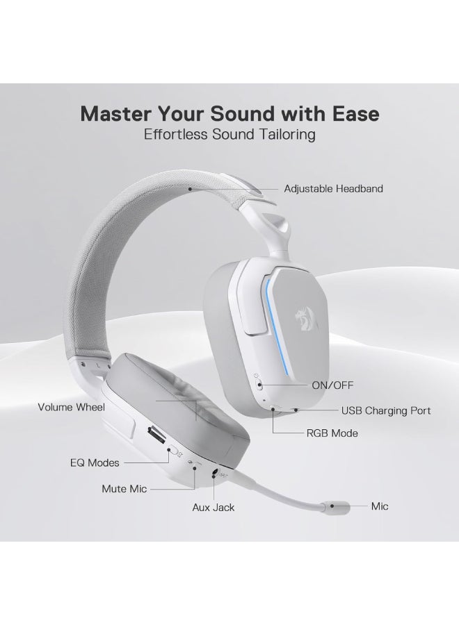 REDRAGON Mira H868W 3-Mode Wireless RGB Gaming Headset, 7.1 Surround Sound, 40 mm Driver, Leather Foam Ear Pads, Noise Cancelling Microphone, Over-Ear Headphones for Mobile Phone, PC/PS5/XBOX/NS - White - Image 5