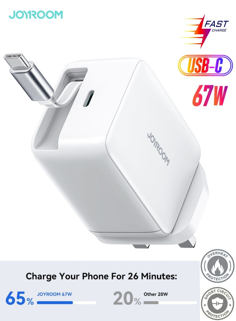 جوي روم محول شاحن سريع 67 واط GaN مع كابل USB-C قابل للسحب – شحن فائق السرعة، 50% في أقل من 30 دقيقة، دعم مزدوج المنفذ PD3.0/PPS لجهاز iPhone 16 وما دونه، Samsung S25 وما دونه، iPad، MacBook والمزيد | حماية 8 نقاط أمان - Image 1