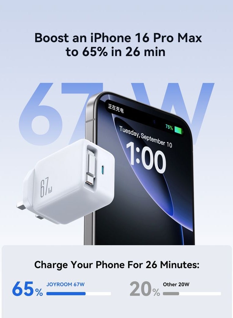 جوي روم محول شاحن سريع 67 واط GaN مع كابل USB-C قابل للسحب – شحن فائق السرعة، 50% في أقل من 30 دقيقة، دعم مزدوج المنفذ PD3.0/PPS لجهاز iPhone 16 وما دونه، Samsung S25 وما دونه، iPad، MacBook والمزيد | حماية 8 نقاط أمان - Image 3