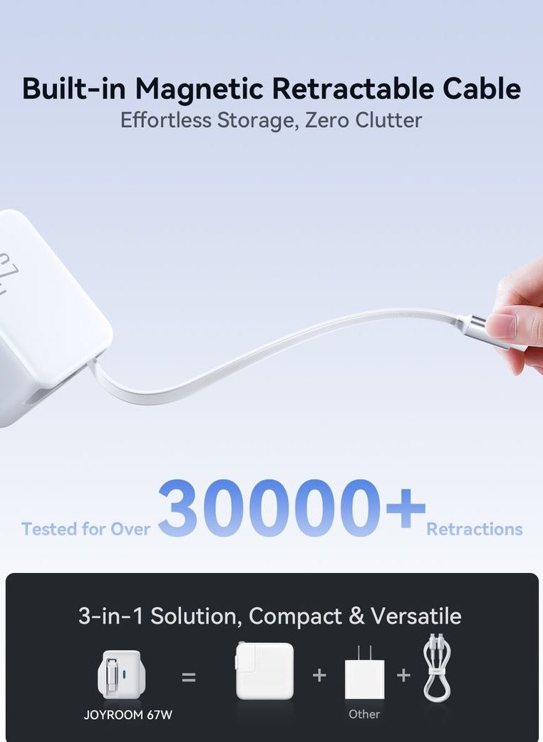 جوي روم محول شاحن سريع 67 واط GaN مع كابل USB-C قابل للسحب – شحن فائق السرعة، 50% في أقل من 30 دقيقة، دعم مزدوج المنفذ PD3.0/PPS لجهاز iPhone 16 وما دونه، Samsung S25 وما دونه، iPad، MacBook والمزيد | حماية 8 نقاط أمان - Image 4