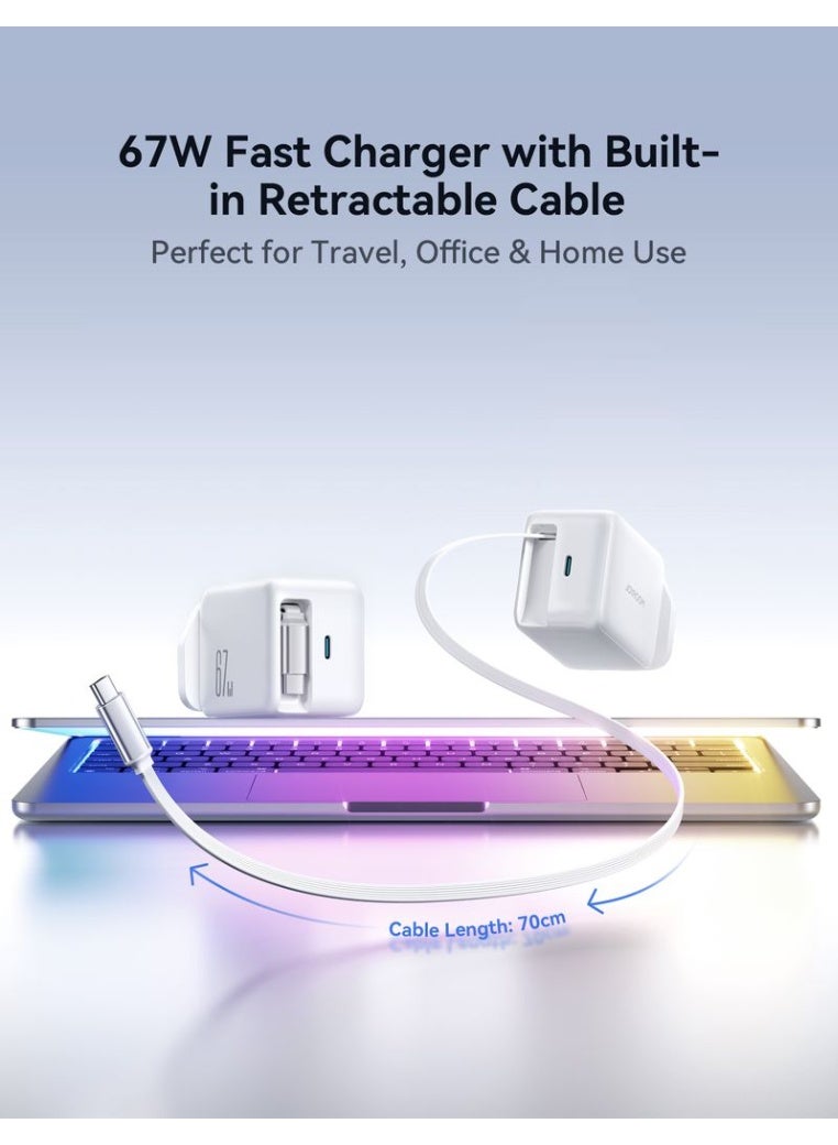 جوي روم محول شاحن سريع 67 واط GaN مع كابل USB-C قابل للسحب – شحن فائق السرعة، 50% في أقل من 30 دقيقة، دعم مزدوج المنفذ PD3.0/PPS لجهاز iPhone 16 وما دونه، Samsung S25 وما دونه، iPad، MacBook والمزيد | حماية 8 نقاط أمان - Image 2
