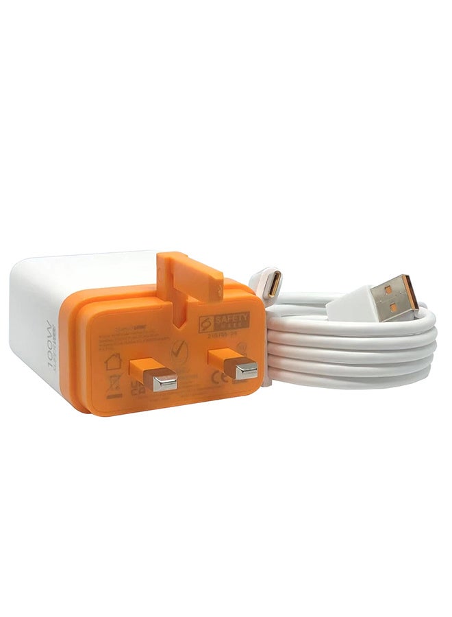 OPPO 100W Super VOOC Wall Charger (VCB8JACH) – Official Adapter for Reno 10 Series | 3-Pin UAE Plug | USB-C Cable Included - White/Orange-R100  - Image 3