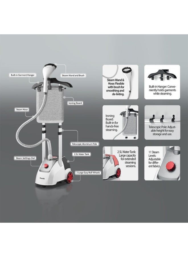 Saachi Garment Steamer 2.5L Tank, Ironing Board, 11 Steam Levels, 60 Min Steam Time, Telescopic Stand with Dual Poles 2.5 L 2000 W NL-VGS-1112-WH White - Image 4