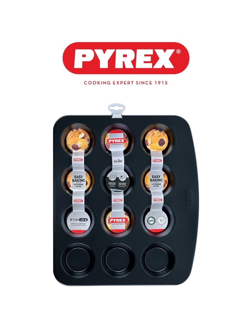 بيريكس Pyrex Glide 12-Cup Muffin Tray – PFAS-Free Non-Stick Bakeware for Batch Baking Muffins & Cupcakes Black 36X31X3cm  - Image 1