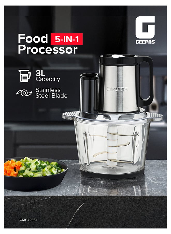 GEEPAS Digital 5-in-1 Food Processor – 3L Glass Bowl, 6 Titanium Blades, Touch Control Panel, 3 Speed Settings, Stainless Steel Gear, Overheat Protection 3 L 500 W GMC42034 Silver, Black - Image 1