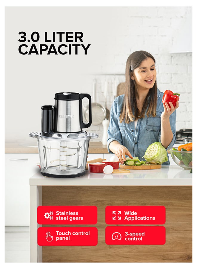 GEEPAS Digital 5-in-1 Food Processor – 3L Glass Bowl, 6 Titanium Blades, Touch Control Panel, 3 Speed Settings, Stainless Steel Gear, Overheat Protection 3 L 500 W GMC42034 Silver, Black - Image 3
