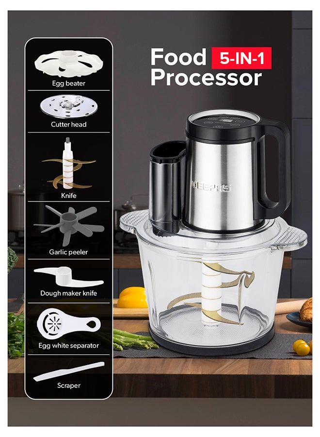 GEEPAS Digital 5-in-1 Food Processor – 3L Glass Bowl, 6 Titanium Blades, Touch Control Panel, 3 Speed Settings, Stainless Steel Gear, Overheat Protection 3 L 500 W GMC42034 Silver, Black - Image 2