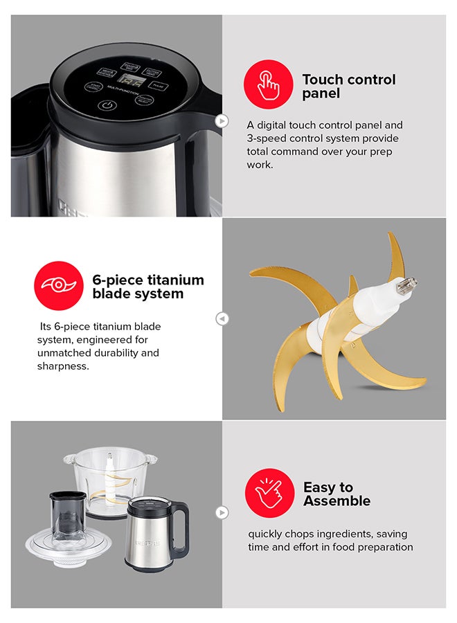 GEEPAS Digital 5-in-1 Food Processor – 3L Glass Bowl, 6 Titanium Blades, Touch Control Panel, 3 Speed Settings, Stainless Steel Gear, Overheat Protection 3 L 500 W GMC42034 Silver, Black - Image 4