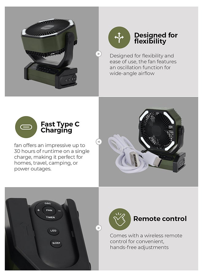 جيباس مروحة قابلة للشحن بحجم 8 بوصات مع بطارية 10000 مللي أمبير | 30 ساعة تشغيل | ضوء LED، تحكم عن بعد، دوران، شحن USB | مروحة طاولة محمولة AC/DC للاستخدام المنزلي، المكتبي، الخارجي والطوارئ | GF21220 - Image 5