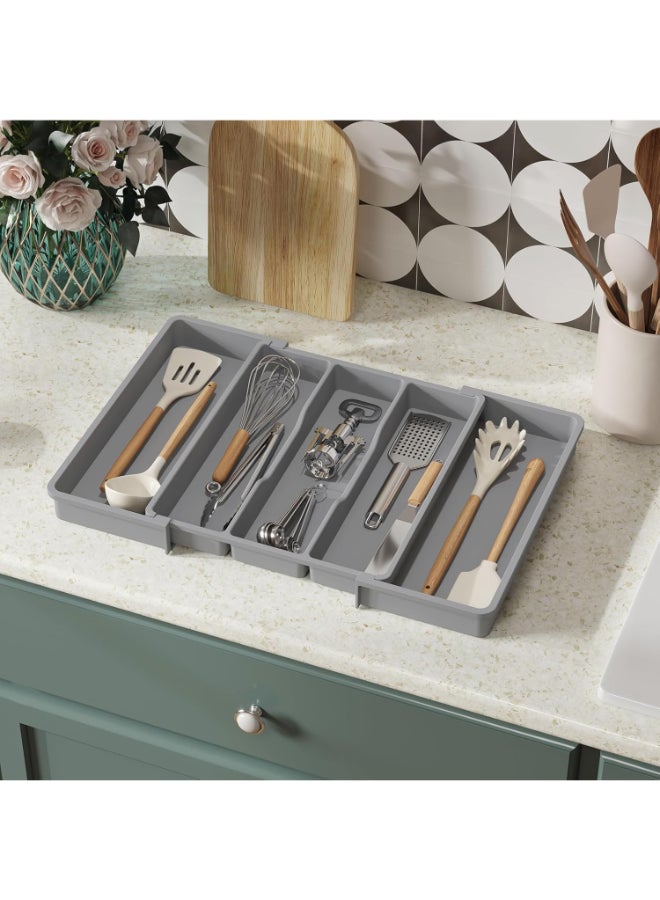 هوم كير منظم درج الأدوات، منظم أدوات المائدة القابل للتوسيع الكبير للمطبخ، حامل أدوات المائدة القابل للتعديل للدرج، منظم درج المطبخ، بلاستيك، كبير، رمادي - Image 4