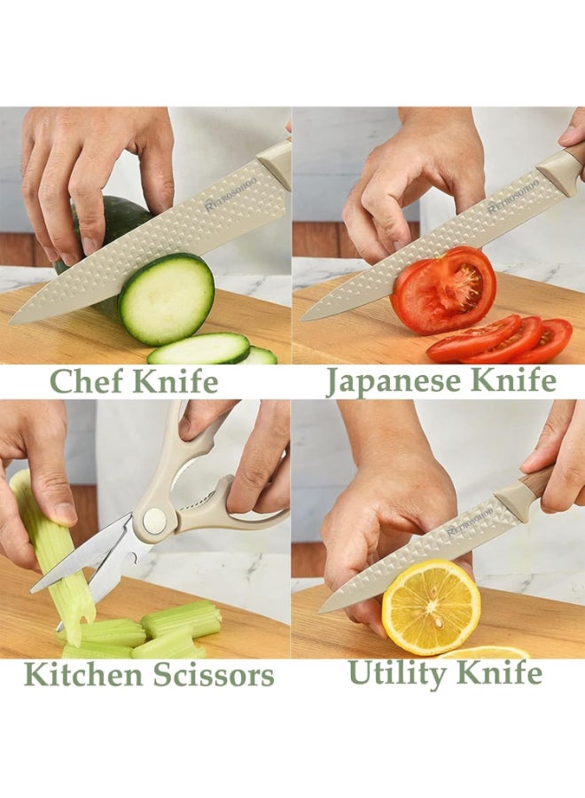 Home Care Kitchen Knife Set, 6-Pieces Khaki Sharp Knife Set for Kitchen, Non-stick Non-slip Stainless Steel Chef Knife Set with Universal Knife Block Suitable for Home Restaurant (Khaki) Khaki - Image 5