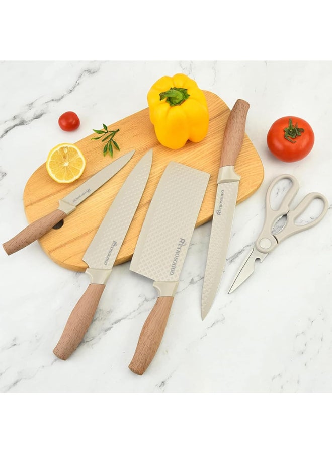 Home Care Kitchen Knife Set, 6-Pieces Khaki Sharp Knife Set for Kitchen, Non-stick Non-slip Stainless Steel Chef Knife Set with Universal Knife Block Suitable for Home Restaurant (Khaki) Khaki - Image 4