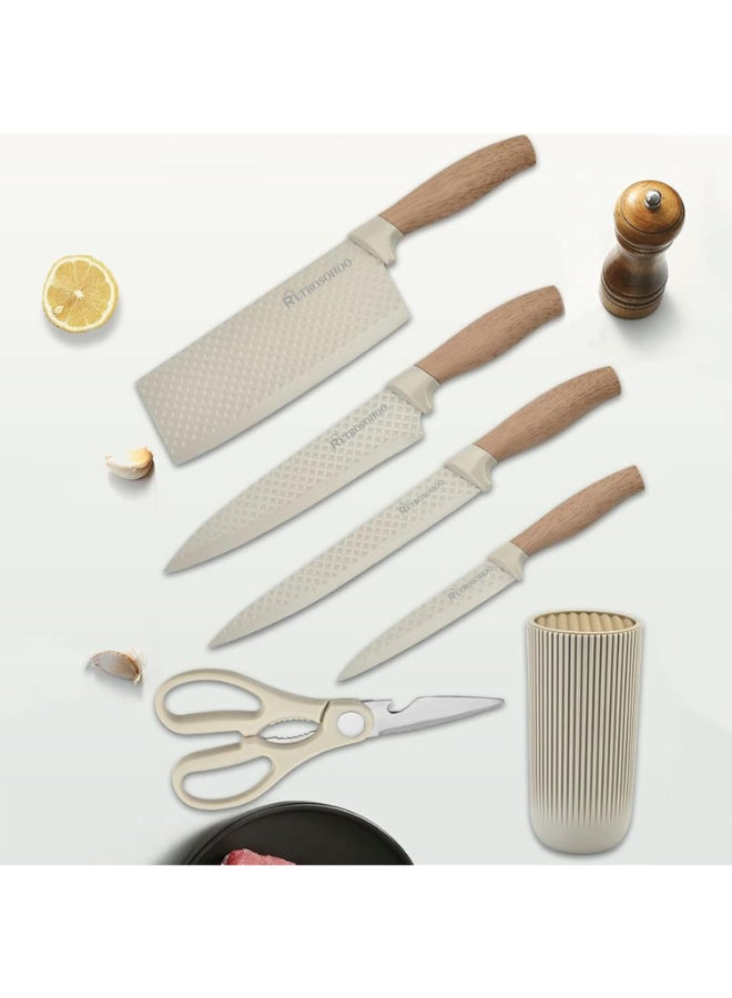 Home Care Kitchen Knife Set, 6-Pieces Khaki Sharp Knife Set for Kitchen, Non-stick Non-slip Stainless Steel Chef Knife Set with Universal Knife Block Suitable for Home Restaurant (Khaki) Khaki - Image 3