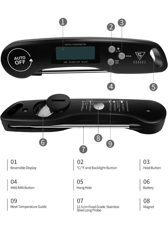 هوم كير Digital Meat Thermometer, Instant Read Food Thermometer with Backlight LCD Screen, Foldable Long Probe & Auto On/Off, Meat Thermometer Probe for Kitchen, BBQ, Water, Milk, Cooking Food (Black)  - Image 3