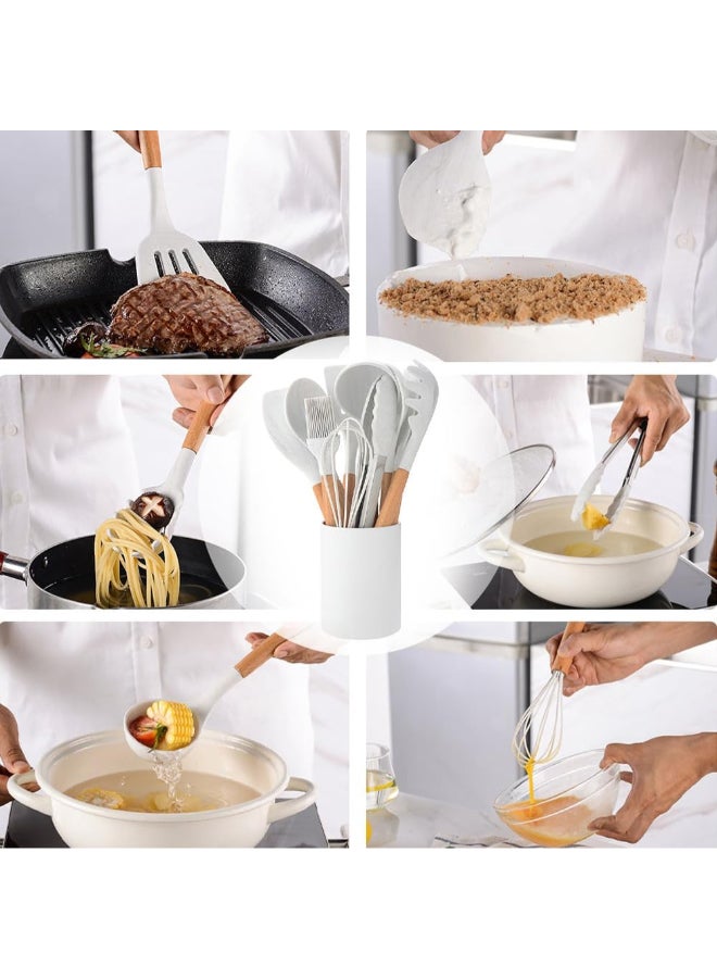 Home Care 12 Pieces Silicone Cooking Utensils Set, Nonstick Cookware Set with Storage Bucket, Heat Resistant Kitchen Untensils Set with Premium Wood Handles White - Image 4