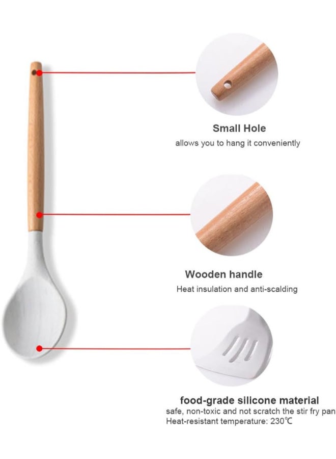 Home Care 12 Pieces Silicone Cooking Utensils Set, Nonstick Cookware Set with Storage Bucket, Heat Resistant Kitchen Untensils Set with Premium Wood Handles White - Image 2