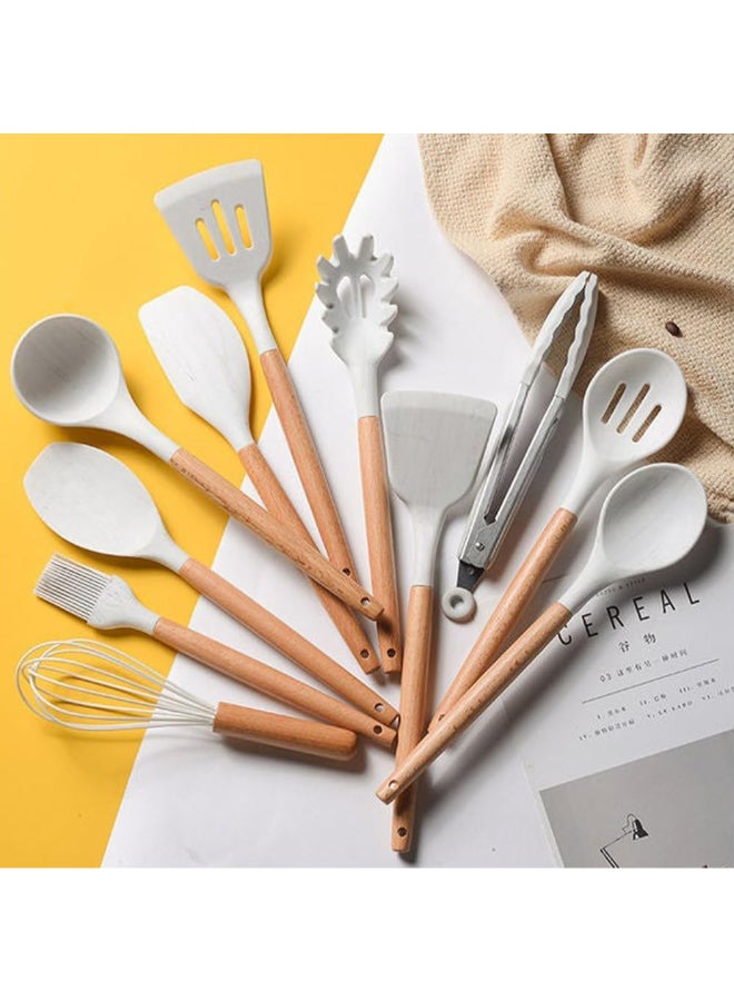 Home Care 12 Pieces Silicone Cooking Utensils Set, Nonstick Cookware Set with Storage Bucket, Heat Resistant Kitchen Untensils Set with Premium Wood Handles White - Image 5