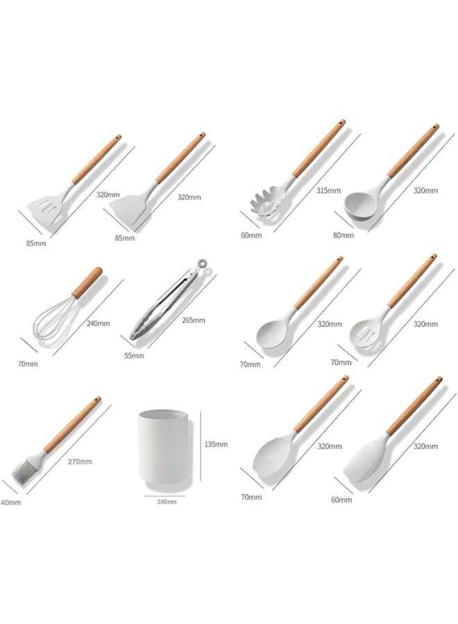 Home Care 12 Pieces Silicone Cooking Utensils Set, Nonstick Cookware Set with Storage Bucket, Heat Resistant Kitchen Untensils Set with Premium Wood Handles White - Image 3