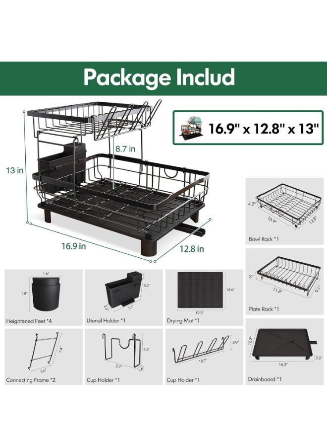 هوم كير حامل أطباق، حامل أطباق ذو طبقتين مع صينية تصريف وسجادة تصريف، حامل أطباق من الفولاذ المقاوم للصدأ مع حامل أدوات، فوهة دوارة، لوح تصريف لسطح المطبخ - Image 2