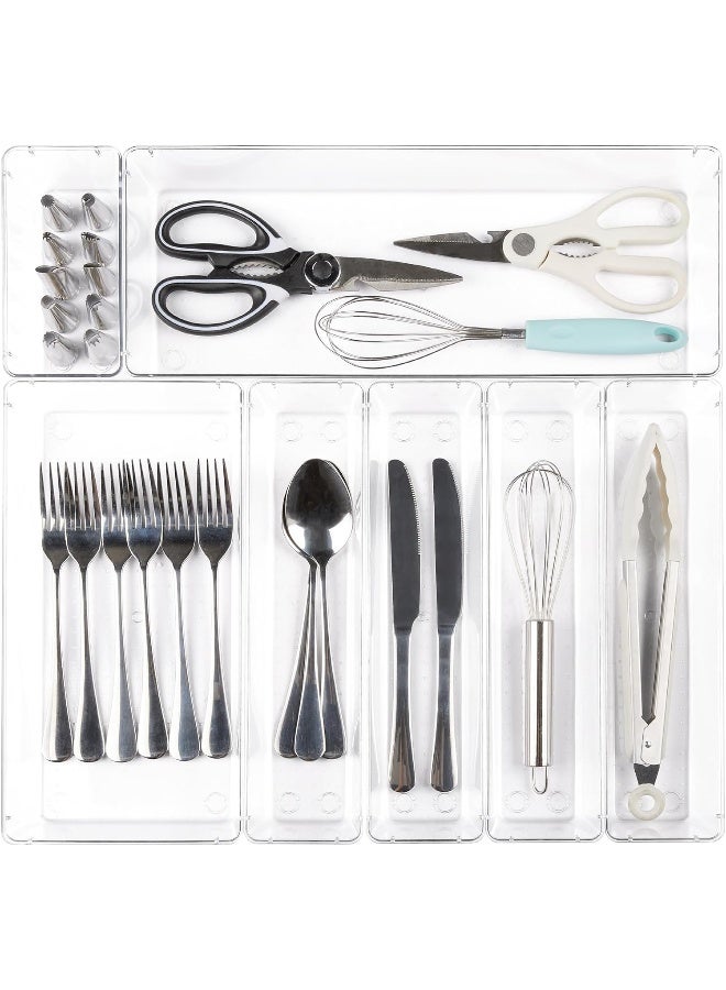 هوم كير 7 PCS Kitchen Drawer Organizer, 4 Size Clear Plastic Utensil Organizer Tray, Silverware Flatware Organizer for Drawer, Storage Bins for Makeup, Bathroom Clear - Image 1