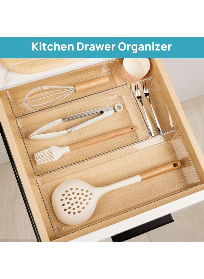 هوم كير 7 PCS Kitchen Drawer Organizer, 4 Size Clear Plastic Utensil Organizer Tray, Silverware Flatware Organizer for Drawer, Storage Bins for Makeup, Bathroom Clear - Image 3