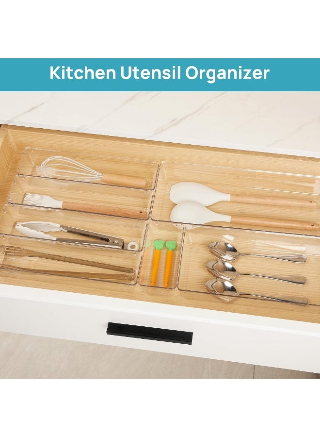 هوم كير 7 PCS Kitchen Drawer Organizer, 4 Size Clear Plastic Utensil Organizer Tray, Silverware Flatware Organizer for Drawer, Storage Bins for Makeup, Bathroom Clear - Image 4