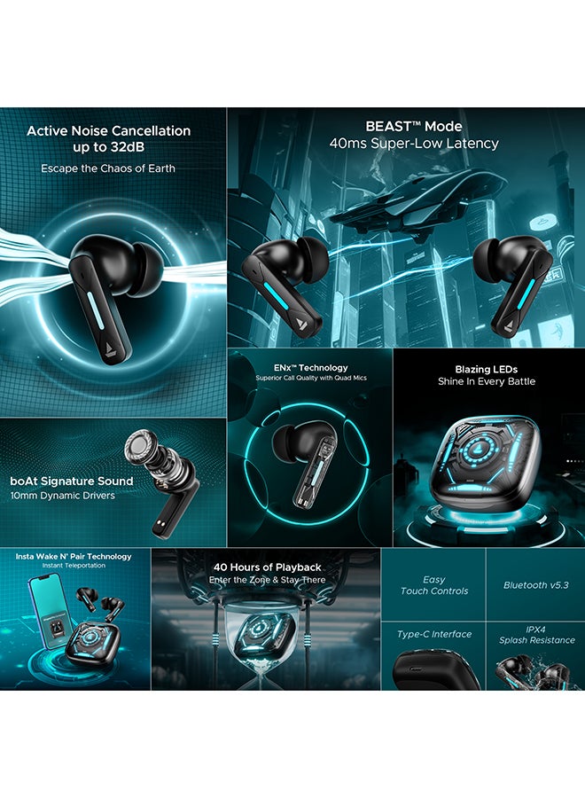 boAt Immortal Airspeed Pro Truly Wireless In- Ear Earbuds w/ 32dB ANC, Beast Mode with 40ms Latency, 40hrs Playback, 4 Mics with ENx, Premium ID w/LEDs & ASAP Charge Black Sabre  - Image 2