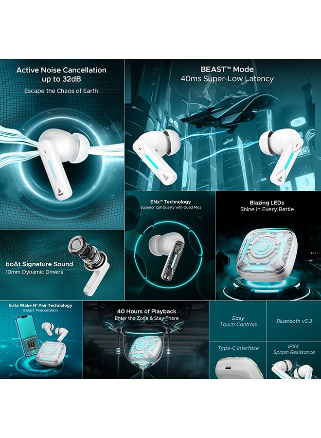 boAt Immortal Airspeed Pro Truly Wireless In- Ear Earbuds w/ 32dB ANC, Beast Mode with 40ms Latency, 40hrs Playback, 4 Mics with ENx, Premium ID w/LEDs & ASAP Charge White Sabre  - Image 2
