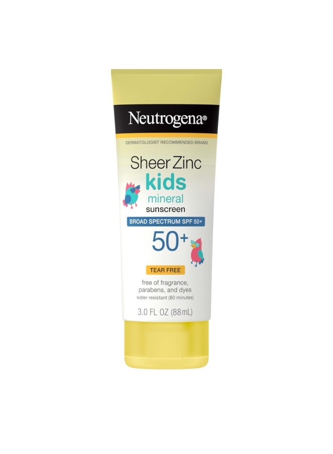 نيوتروجينا Sheer Zinc Oxide Kids Mineral Sunscreen Lotion, Broad Spectrum SPF 50+ with UVA/UVB Protection, Water-Resistant for 80 Minutes, Paraben-, Dye-, Fragrance- & Tear Free, 3 fl. ozFluid Ounce - Image 1