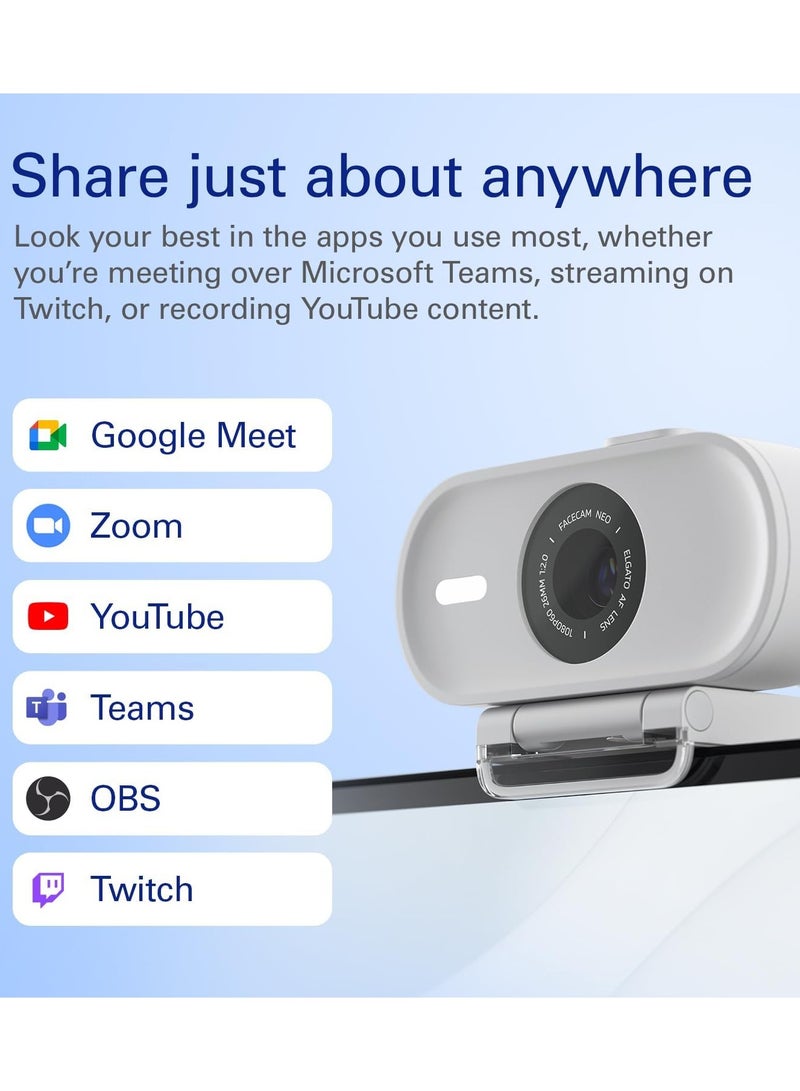 Elgato Facecam Neo – Full HD Webcam with Easy-Slide Privacy Shutter, Light Correction, For Video Calls, Streaming, Teams/Zoom/Slack/OBS/Twitch/Youtube, and more – USB-C/Plug & Play on PC/Laptop/Mac - Image 5