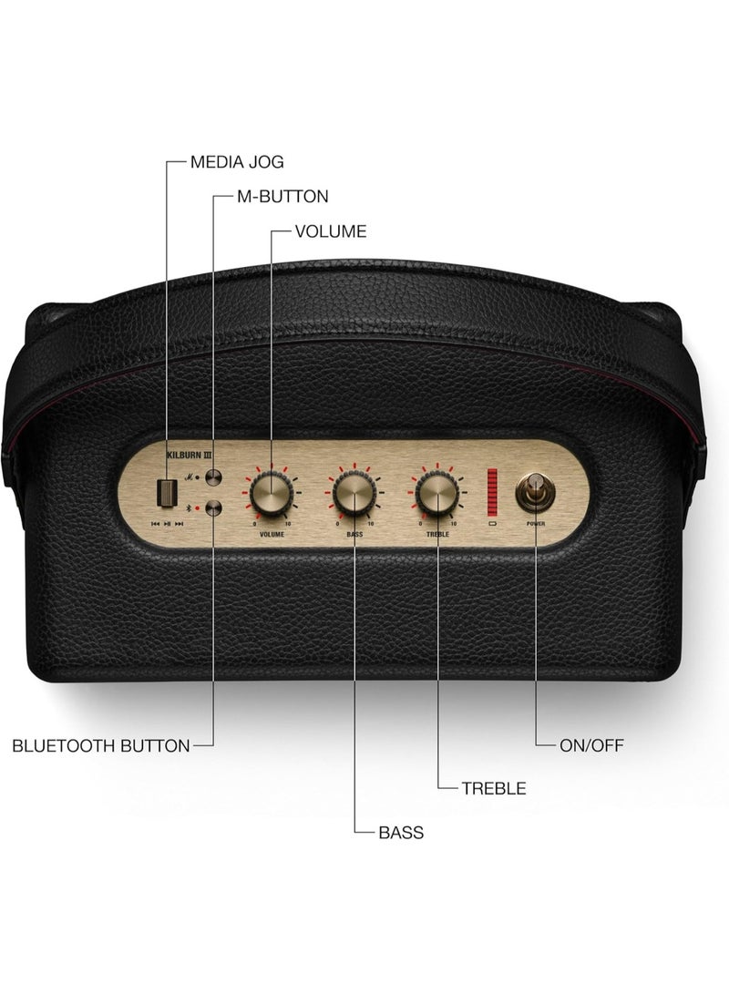 Marshall Kilburn III Portable Bluetooth Speaker, 50+ Hours Battery Life, 360° Sound, IP54 Water & Dust Resistance, Vintage Design, USB-C Charging - Black/Brass  - Image 3