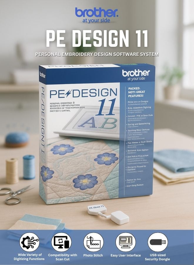 brother PE-Design 11 Embroidery Digitizing Software for Windows – Advanced All-in-One Design & Editing System with 1000+ Built-in Patterns, 130 Fonts, Photo Stitch, Wireless LAN, and ScanNCut Compatibility – Ideal for Home & Business Use  - Image 1