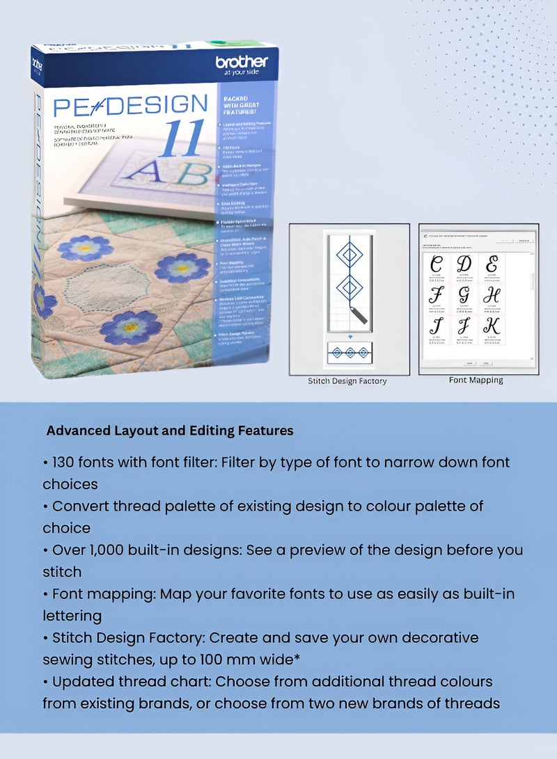 brother PE-Design 11 Embroidery Digitizing Software for Windows – Advanced All-in-One Design & Editing System with 1000+ Built-in Patterns, 130 Fonts, Photo Stitch, Wireless LAN, and ScanNCut Compatibility – Ideal for Home & Business Use  - Image 2