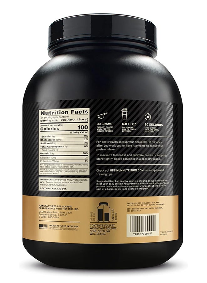Gold Standard 100% Isolate, 25 Grams of Protein, Hydrolyzed and Ultra-Filtered Whey Protein Isolate - Rich Vanilla, 2.91 lbs, 44 Servings (1.32 KG)