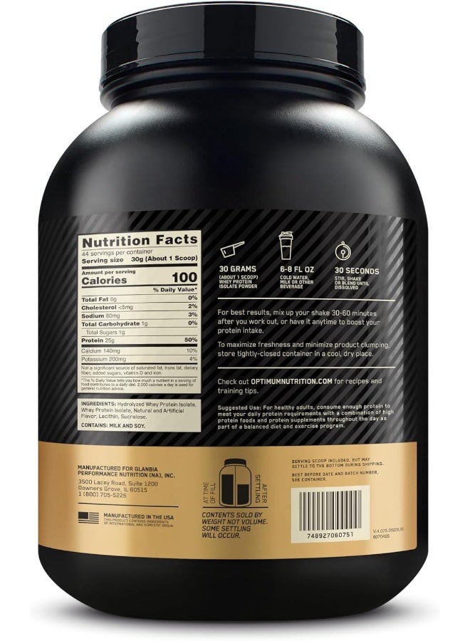 Gold Standard 100% Isolate, 25 Grams of Protein, Hydrolyzed and Ultra-Filtered Whey Protein Isolate - Rich Vanilla, 2.91 lbs, 44 Servings (1.32 KG)