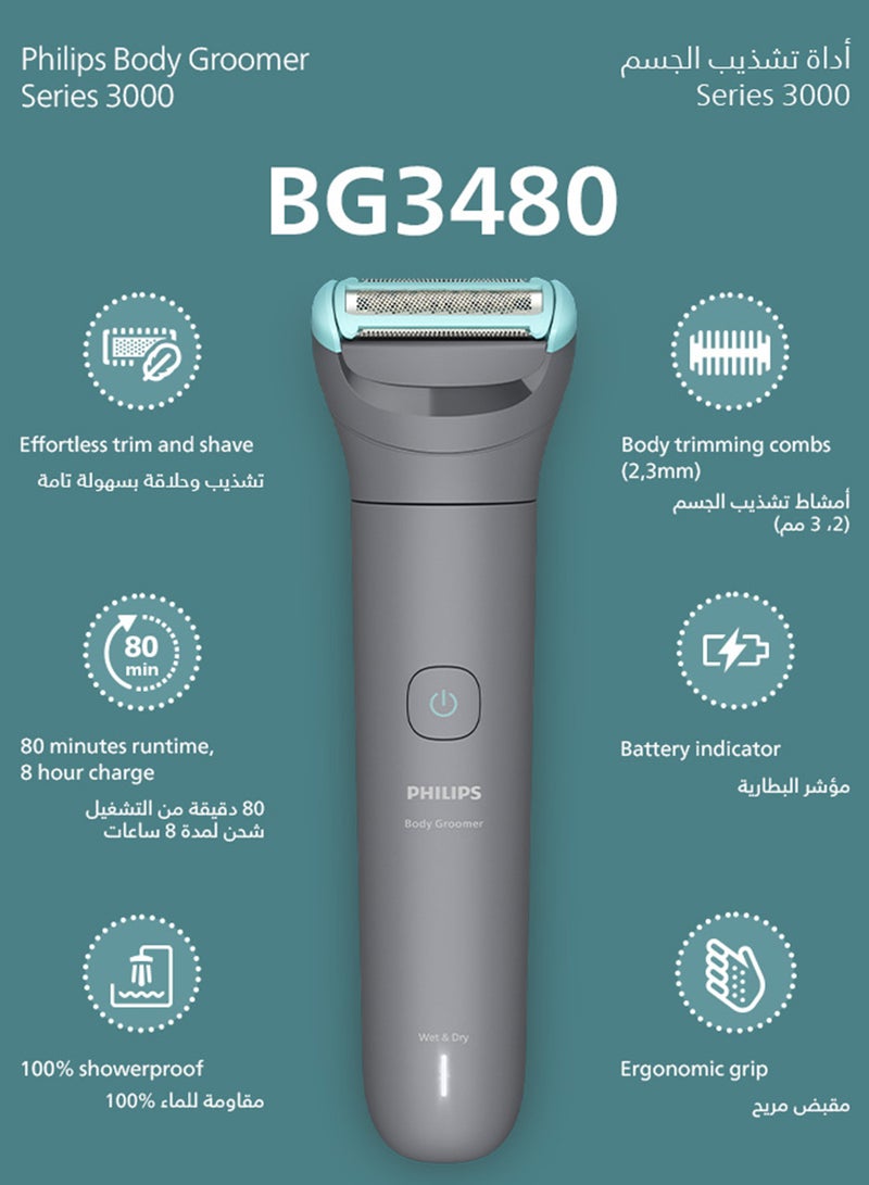 فيليبس ماكينة تشذيب وحلاقة للجسم BG3480/15 | رطب وجاف 100% | لطيفة على البشرة | أمشاط 2 و3 مم | حتى 80 دقيقة لاسلكيًا | مؤشر بطارية | شحن USB - Image 2