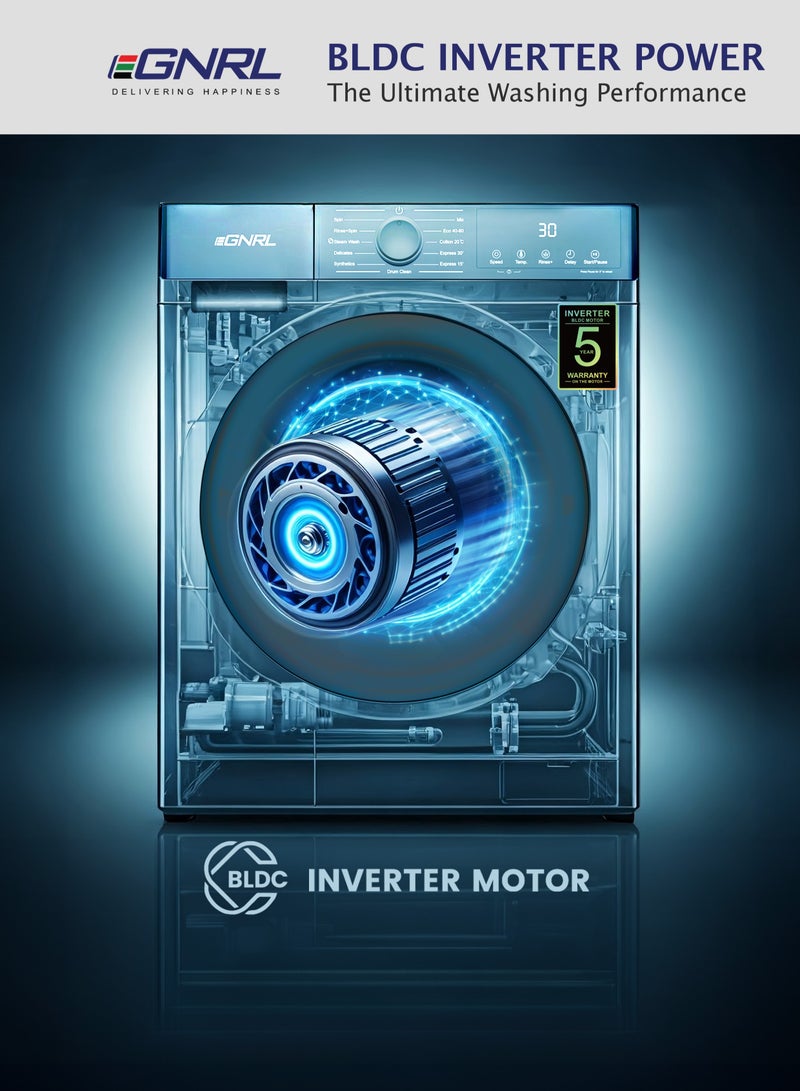 EGNRL 7.5KG Front Load Washing Machine 2025 Model, EGWMFL800, With Inverter BLDC Motor 5 Year Warranty, 5 STAR Energy & Water Consumption, 1200 RPM, 12 Programs (1 Year Brand Warranty) 7.5 kg 1600 W EGWMFL800 White - Image 5