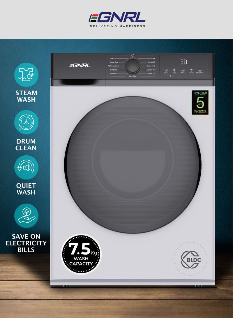 EGNRL 7.5KG Front Load Washing Machine 2025 Model, EGWMFL800, With Inverter BLDC Motor 5 Year Warranty, 5 STAR Energy & Water Consumption, 1200 RPM, 12 Programs (1 Year Brand Warranty) 7.5 kg 1600 W EGWMFL800 White - Image 1