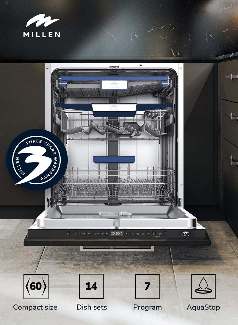 ميلين غسالة صحون مدمجة - سعة كبيرة، فتح تلقائي، مؤشر جانبي، 14 إعداد للطاولة، ضمان 3 سنوات - Image 2