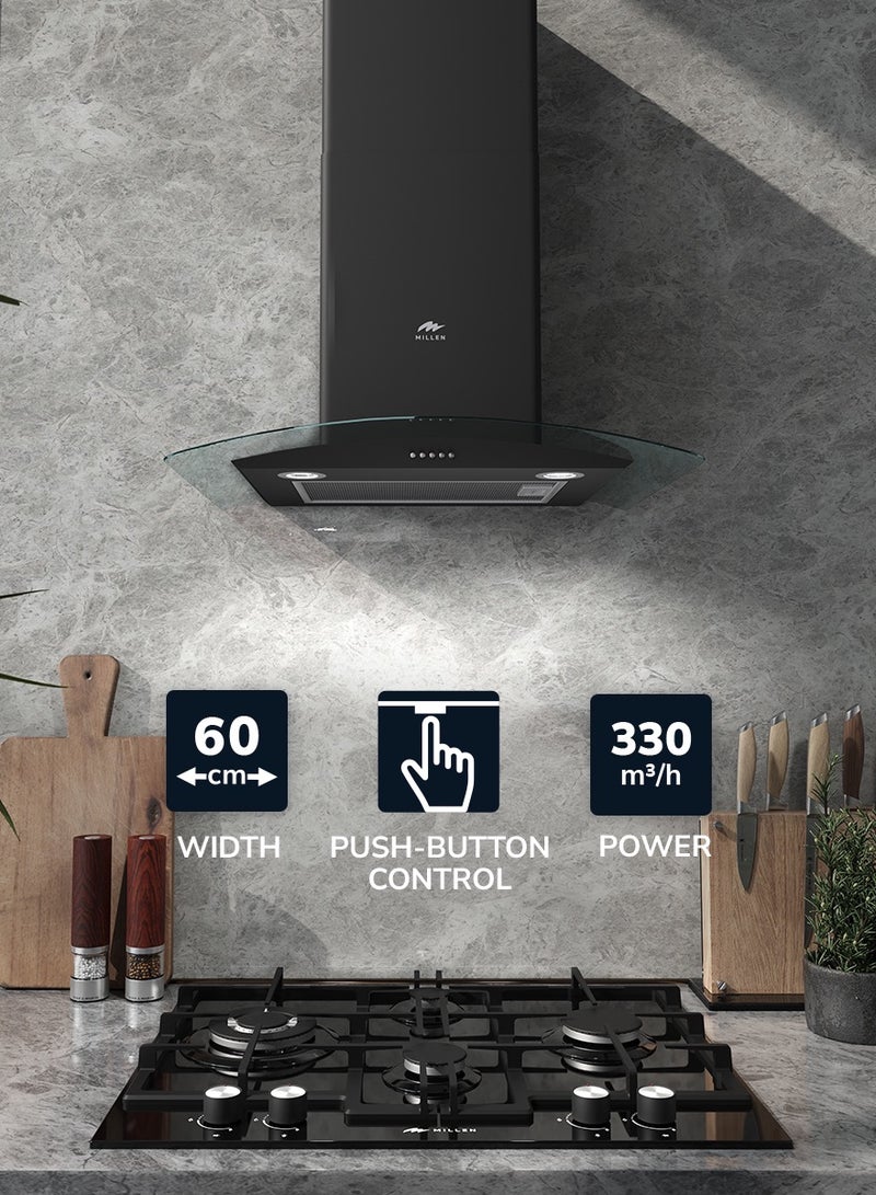 MILLEN Range Hood 60cm Curved Glass Chimney Black-  3 Years Warranty MKHG 603 BL Black - Image 2