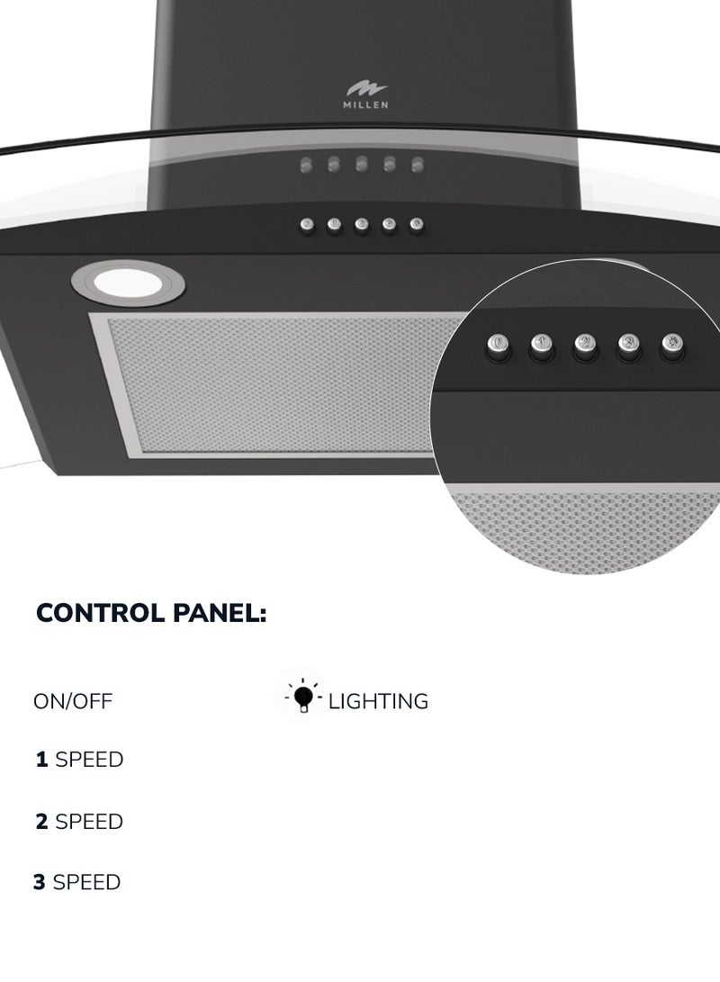 MILLEN Range Hood 60cm Curved Glass Chimney Black-  3 Years Warranty MKHG 603 BL Black - Image 4