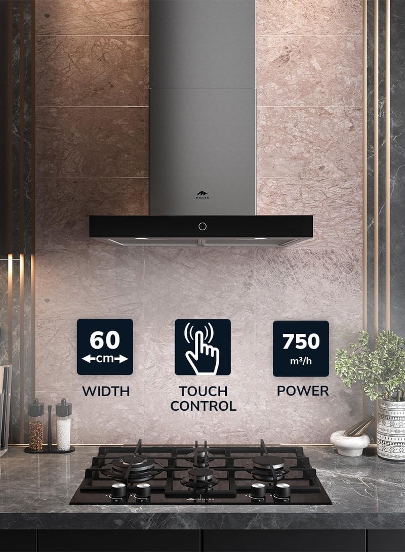 ميلين 60cm Range Hood Silver/Black , 3 Years Warranty MKH 605 IX Stainless Steel - Image 2