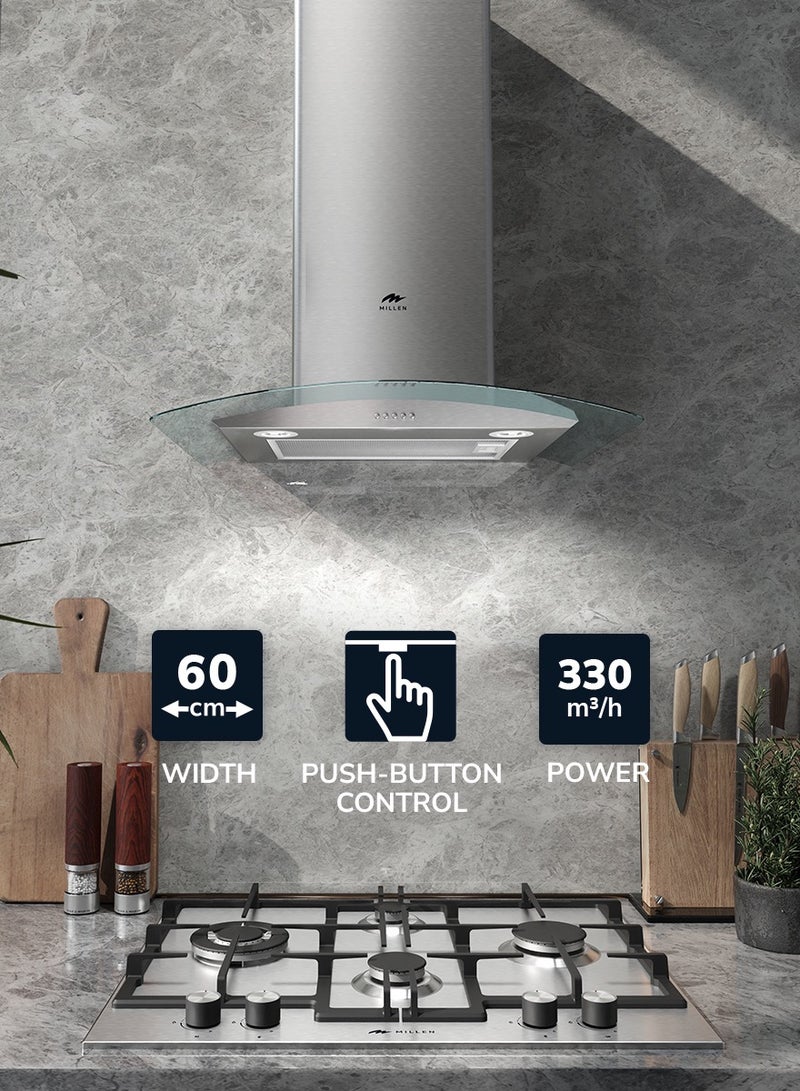 ميلين Range Hood 60cm Curved Glass Chimney Stainless Steel-  3 Years Warranty MKHG 603 IX Stainless Steel - Image 2